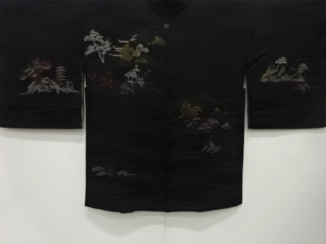 大正ロマン　漆　寺院風景模様織出し　一ツ紋羽織